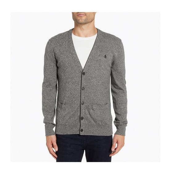 Original Penguin 100% Pima Cotton Heathered Grey Button Up Cardigan Sz Large - Picture 1 of 5